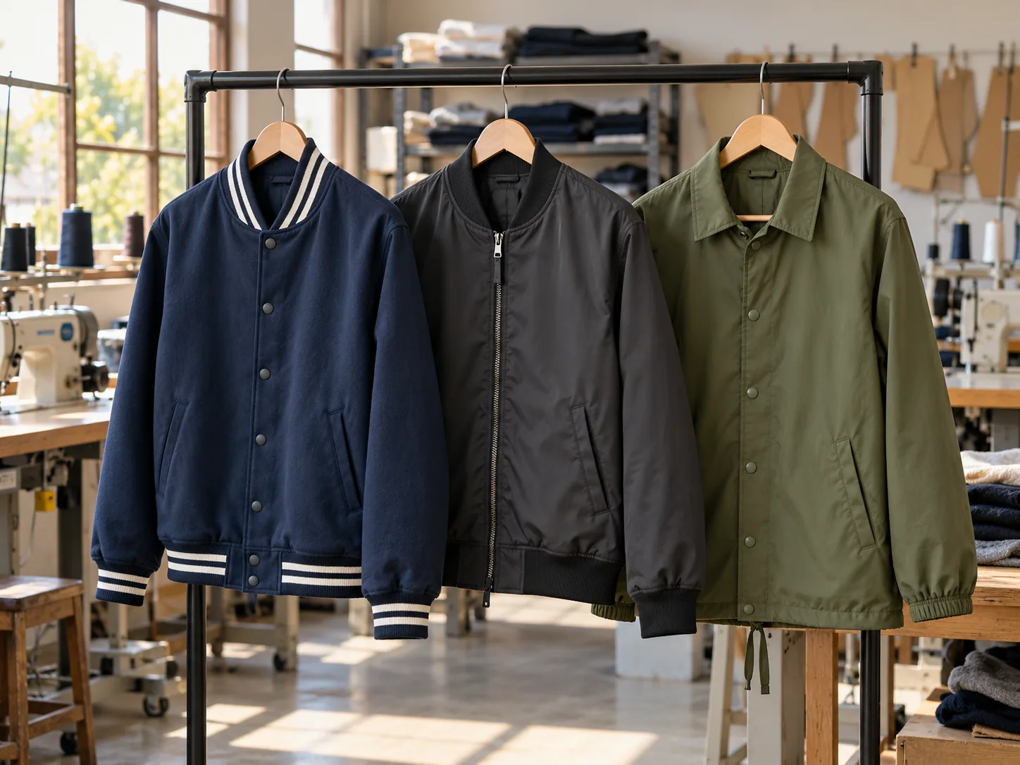 Ilustrasi jaket varsity, bomber, dan coach di ruang produksi