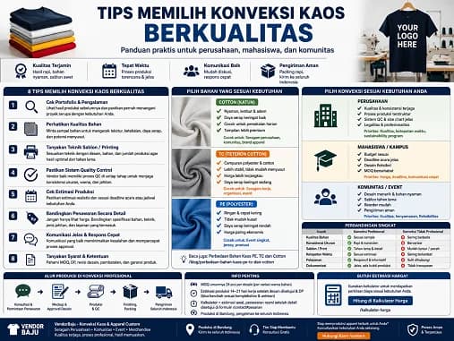 Tips Memilih Konveksi Kaos Berkualitas untuk Seragam dan Event — Memilih konveksi kaos tidak cukup hanya melihat harga. Artikel ini membahas tips praktis memilih vendor produksi appa…