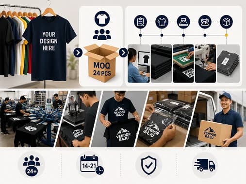Berapa MOQ Konveksi Kaos? Panduan Order untuk Perusahaan & Event — MOQ konveksi kaos umumnya mulai dari 24 pcs per desain, tetapi jumlah minimum bisa berbeda tergantung bahan, teknik s…