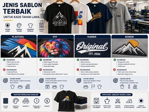 Jenis Sablon Terbaik untuk Kaos Tahan Lama — Jenis sablon terbaik untuk kaos tahan lama tergantung bahan, desain, dan kebutuhan produksi. Artikel ini membandingka…