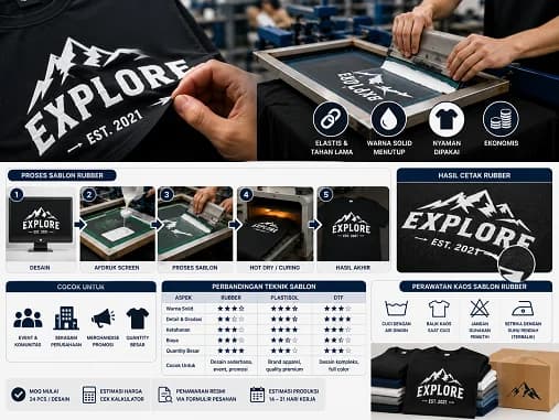 Sablon Rubber Adalah? Pengertian, Kelebihan & Harga 2026 — Sablon rubber adalah salah satu teknik sablon yang masih banyak digunakan untuk kaos event, komunitas, dan seragam ka…