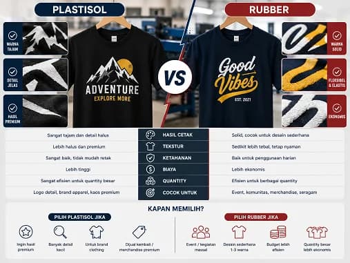 Sablon Plastisol vs Rubber: Mana Cocok untuk Kaos Custom? — Sablon Plastisol dan rubber sama-sama populer untuk produksi kaos custom. Pilihan terbaik bergantung pada desain, bud…