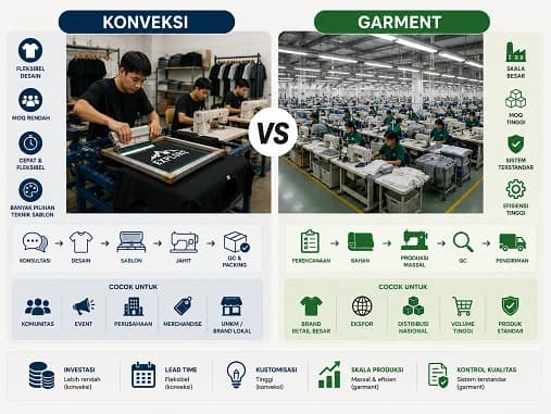 Perbedaan Konveksi dan Garment: Mana yang Cocok untuk Bisnis Anda? — Konveksi dan garment sama-sama memproduksi pakaian, tetapi skala produksi, fleksibilitas order, dan sistem kerjanya b…